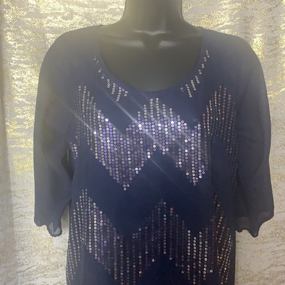 Rue 21 Navy Blue 3/4 Sleeve Sequinned Sheer Blouse Size XS - Picture 3 of 13
